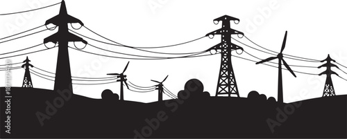 Silhouette of power lines and wind turbines landscape