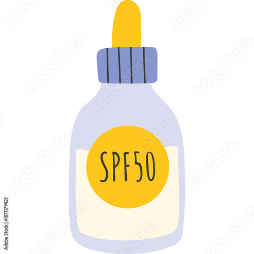 Hand-drawn illustration of SPF 50 sunscreen bottle