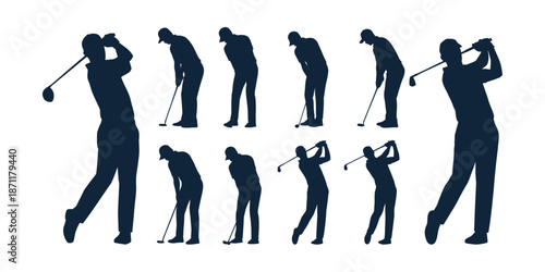 Golf player silhouettes swinging club set action