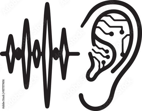 Futuristic Sound Wave and Cybernetic Ear Technology Icon – Audio Innovation, Hearing Enhancement, AI Listening Concept