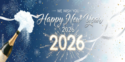 We wish you Happy New Year 2026 line design shiny glitter sparkler firework open champagne 2026 new year eve white blue vector wallpaper long banner greeting card