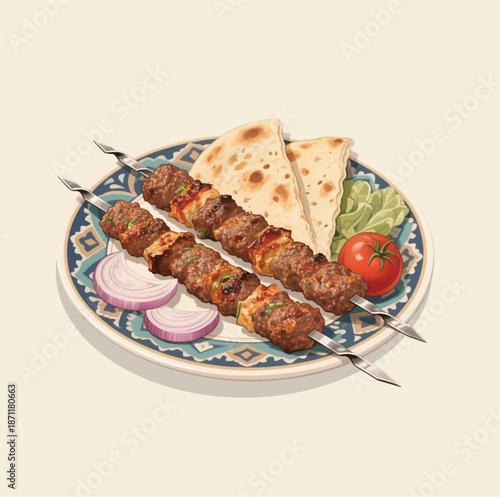 Afghan Seekh Kebab Served with Flatbread and Fresh Vegetables Illustration