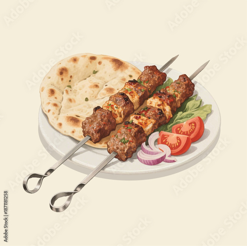 Afghan Seekh Kebab Served with Flatbread and Fresh Vegetables Illustration