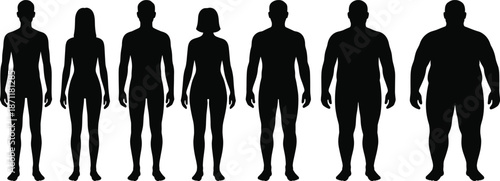 Silhouette lineup of diverse male and female body shapes, showing variation in size, weight, and fitness on a white background.