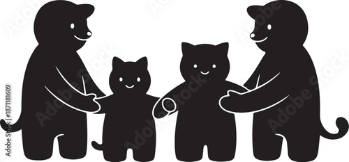 Family of cats holding hands in a line together