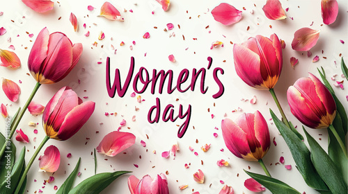 Women's Day background with tulips and flowers. Women's Day card design. Tulips background. Bouquet of flowers with tulips background.