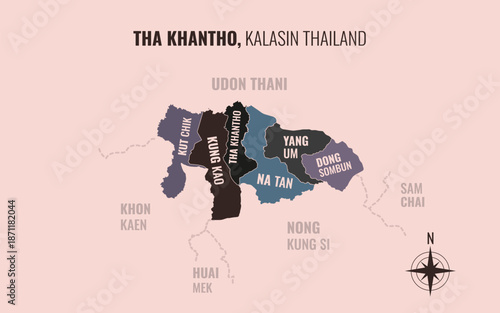 Map showing Tha Khantho District Kalasin Thailand divided into sub districts with minimalist colorful patterns