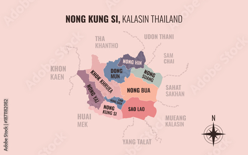 Map showing Nong Kung Si District Kalasin Thailand divided into sub districts with minimalist colorful patterns