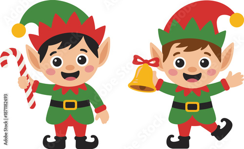 cute christmas elf cartoon characters illustration set, holiday helpers holding candy cane bell, festive vector design for kids