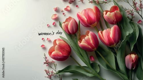 Women's Day background with tulips and flowers. Women's Day card design. Tulips background. Bouquet of flowers with tulips background.