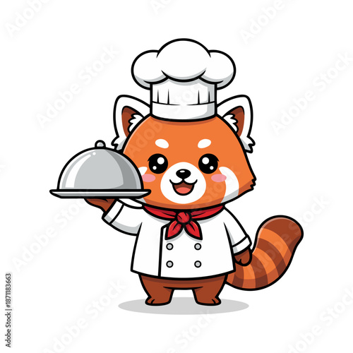 Cute Red Panda Chef Mascot Holding Food Cloche Plate Serving Dish Cartoon Vector Illustration