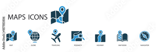 maps set icons outline and Flat Style,transparent background