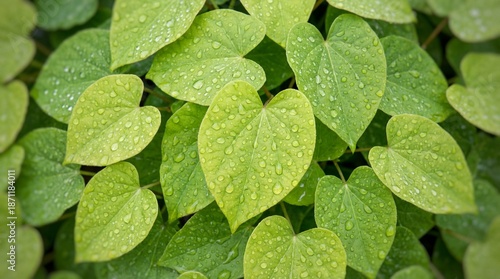 Lush Green Heart Shaped Leaves Covered In Morning Dew Drops