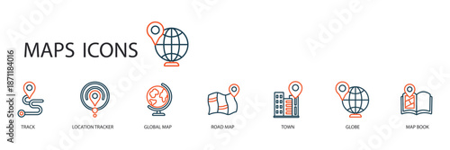 maps set icons outline and Flat Style,transparent background