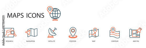maps set icons outline and Flat Style,transparent background