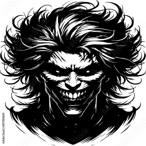 Sinister Smile Portrait: A menacing portrait of a sinister individual with a chilling grin, conveying an unsettling emotion of fear and evil.