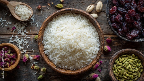 Basmati rice in a wooden bowl surrounded by spices and dried fruit