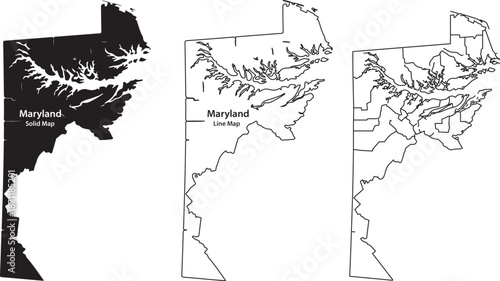 Three styles of maryland state maps including solid filled line art and outlined vector illustrations for geographic and educational purposes