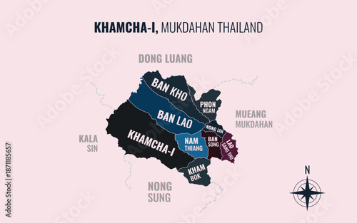 Map showing Khamcha i District Mukdahan Thailand divided into sub districts with minimalist colorful patterns