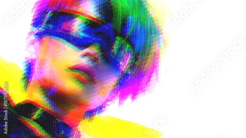 Portrait of a cyberpunk girl transforming into pixel and glitch animation. Noise video art.	