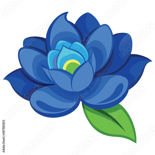 A vibrant blue flower with layered petals and a yellow center, illustrated in a clean, modern vector