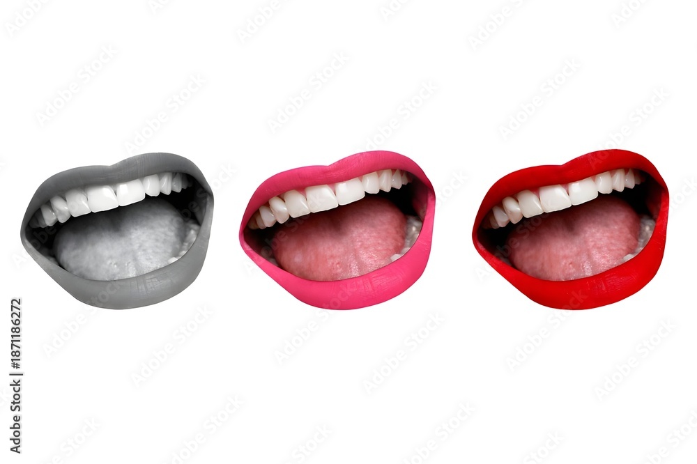 Fototapeta premium Three Open Mouths with Pink and Red Lips on White Background – Creative Beauty & Pop Art Concept