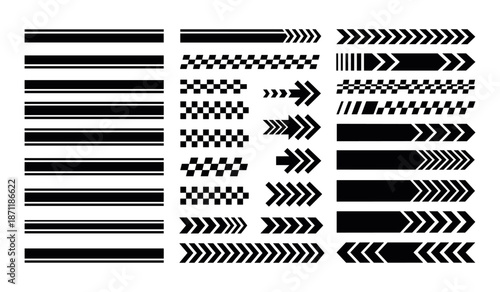 Black racing stripes and checkered pattern arrow designs