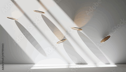 Abstract composition with multiple floating golden rings casting long shadows on a white surface.