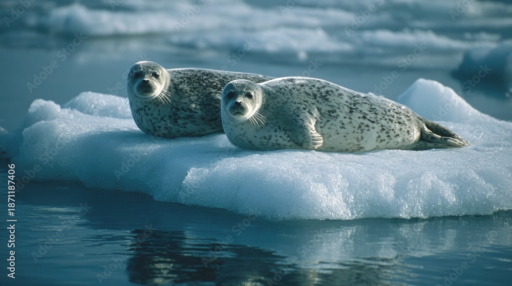 Fototapeta premium Two spotted marine mammals rest calmly upon a floating piece of ice in cold water