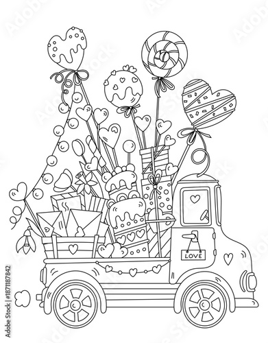 Truck Carrying Sweets And Flowers For Valentine's Day And Coloring Book For Adults And Children