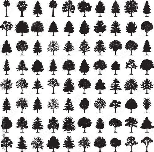 Collection of diverse tree silhouettes on transparent background vector set