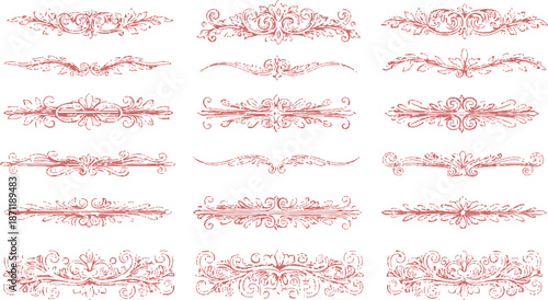  set of calligraphic design elements featuring vector ornaments, floral flourishes, and victorian scroll borders for elegant wedding card page decoration