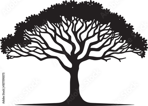 Large detailed silhouette of spreading tree icon with dense foliage and trunk vector illustration