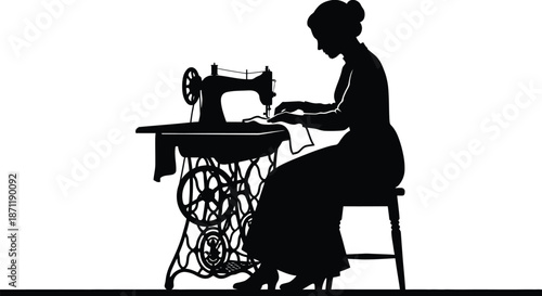 Woman Sewing with Vintage Machine Silhouette Vector Illustration
