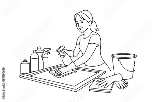 A woman cleaning a surface with a spray bottle and cloth carefully