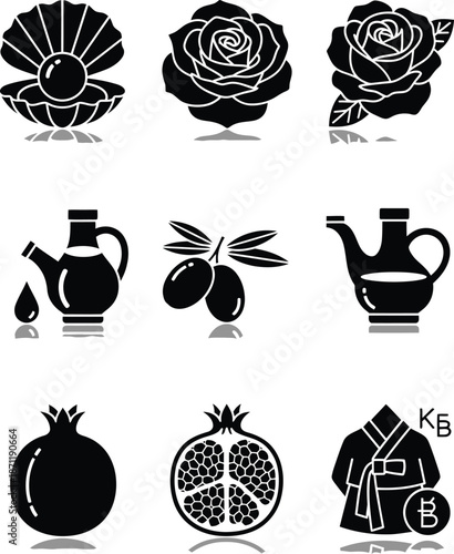 Cosmetic ingredient drop shadow black glyph icons set. Pearl in oyster shell. Rose extract. Olive oil. Sliced pomegranate. Korean beauty. Isolated vector illustrations on white space 