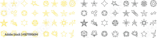 Sun icon set in flat and line style, solar symbol silhouette and outline collection featuring sunshine, sunrise and weather elements, bright minimal vector illustration group