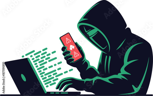 A hooded hacker using a laptop and a smartphone with warning signs