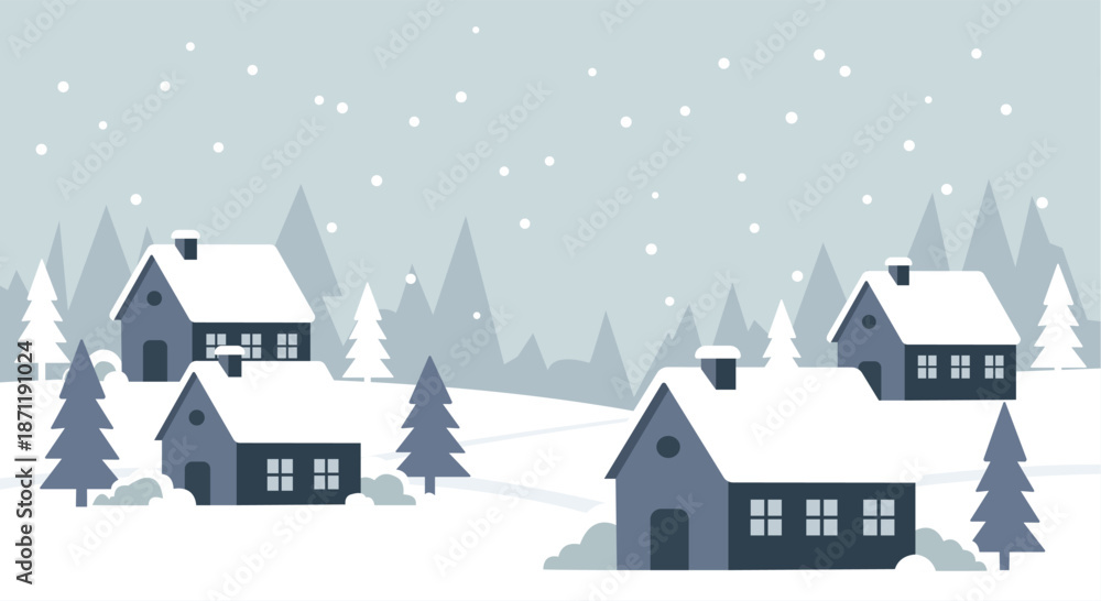Naklejka premium Minimalist Flat Art Vector of a Snowy Winter Village Landscape. Clean and Cozy Holiday Scenery.