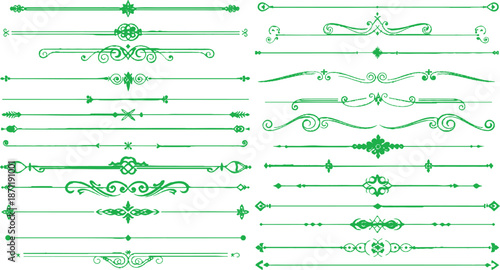 The image features a collection of 20 green ornamental dividers, elegantly displayed against a clean white background. These dividers are arranged in four rows, with five unique designs in each row. 