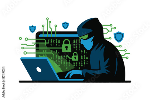 A hooded hacker using a laptop with digital security elements around