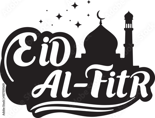 Elegant eid al-fitr calligraphy with mosque silhouette, crescent moon, and stars