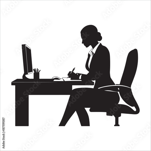 Administrative assistant silhouette vector Businesswoman working at desk