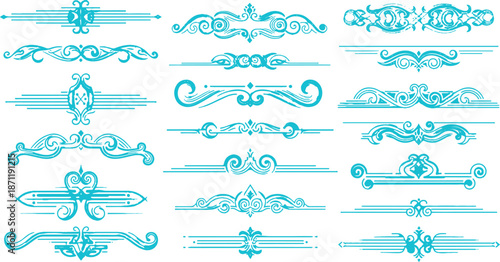 features a series of decorative design elements in a vibrant turquoise color, set against a clean white background. There are six distinct rows, each showcasing a unique ornate motif 