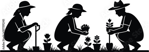 Country people crouching, farmers gardeners florists flower growers and editable line drawings in vector