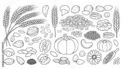 Vector illustration of whole grains, oats, nuts and seeds, healthy diet concept, line art style, isolated on white background