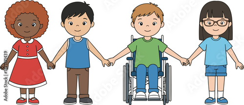 Diverse group of happy multiethnic children holding hands including a boy in a wheelchair for disability inclusion and education concept