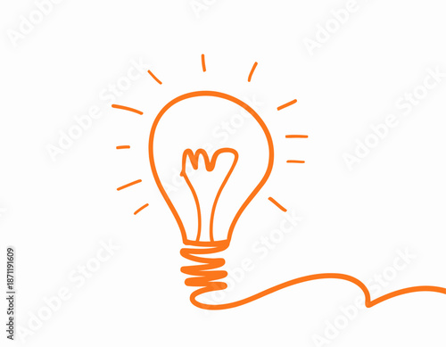 Simple orange outline of a light bulb with radiating lines and a flowing extending from the base lightbulb