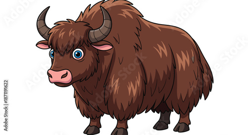 Cute cartoon yak mascot with brown fur and large horns isolated on white background for wildlife and animal character design