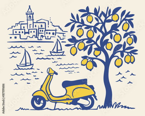 Yellow scooter parked by a lemon tree with a coastal town and sailboats in the background fruit